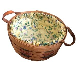 VTG Longaberger Round Weave Basket Natural Wood Leather Handles 1994 Cloth Liner